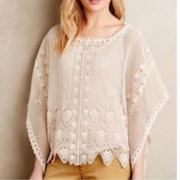 Anthropologie Sparrow Cream Summer Scalloped Crochet Poncho Top XS - Picture 1 of 10